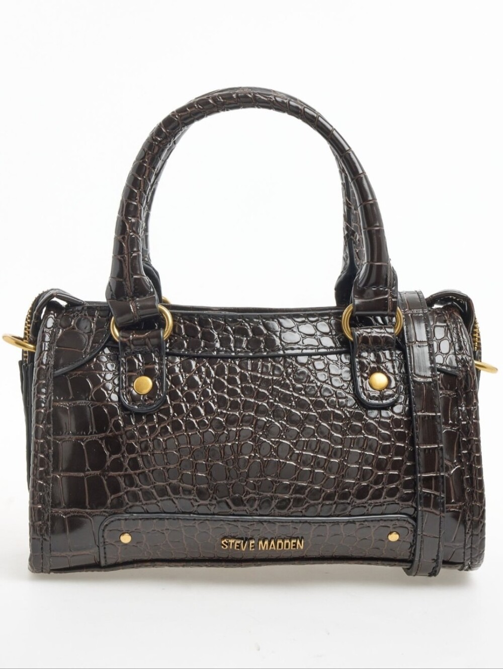 Steve Madden Dark Brown Croc Mini Satchel with Gold Hardware